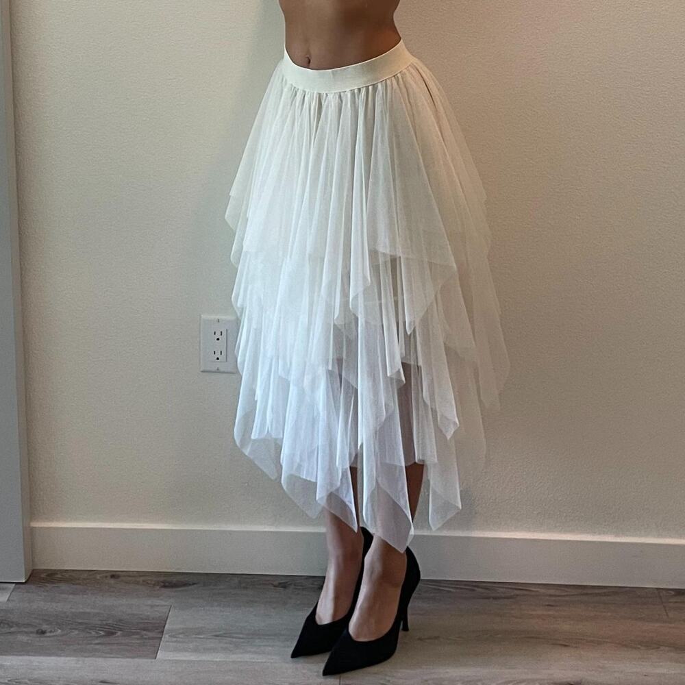 Cream Tulle  Ruffled Midi Skirt M
